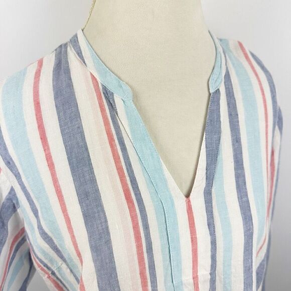 LL Bean 100% Linen Red White Blue Tunic Top Notch V-Neck L/S Popover Size XL - Picture 10 of 10